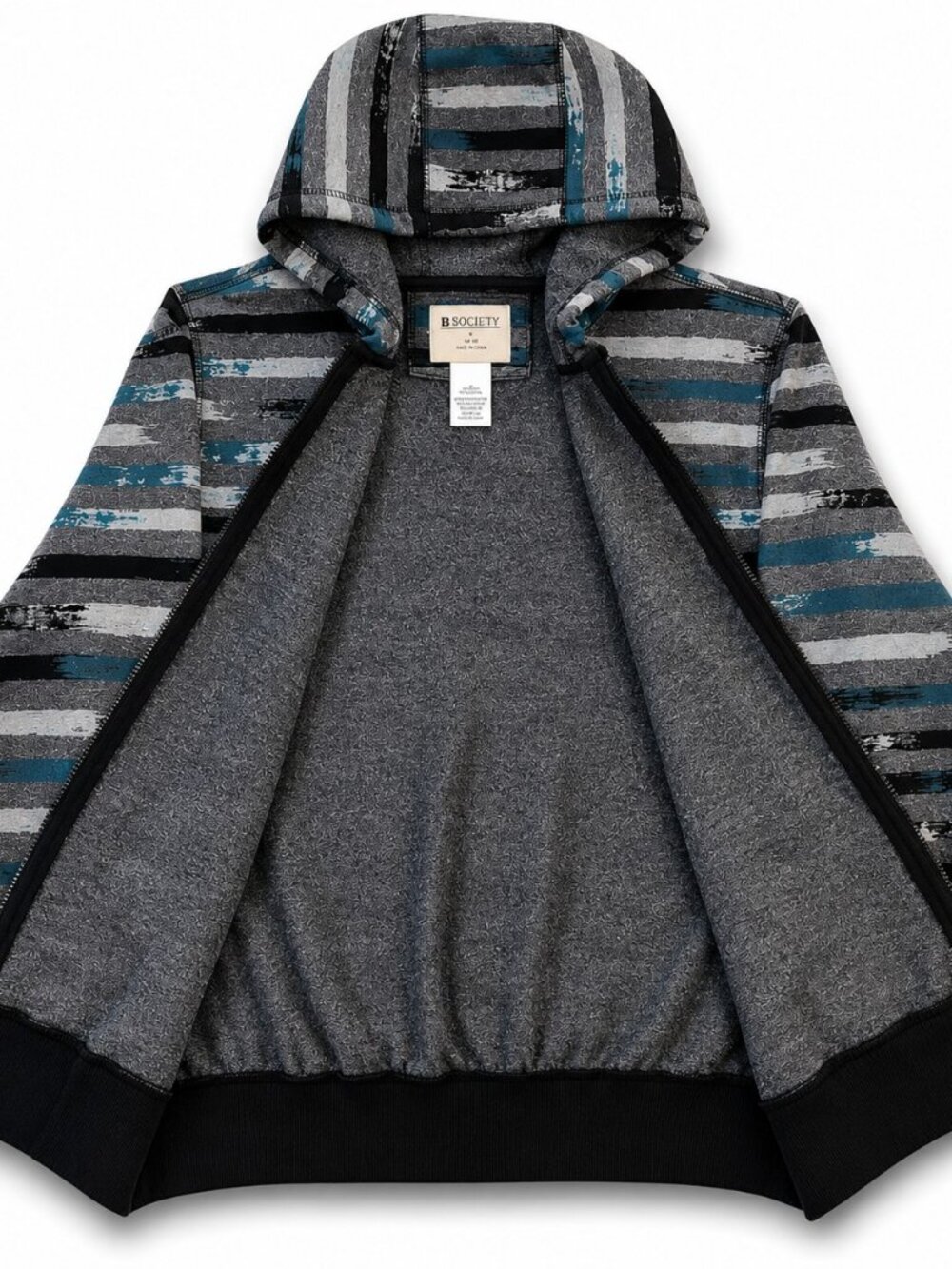Men's Hoodie MEDIUM Full Zip Gray Teal Stripe with pockets No Boundaries - Picture 5 of 14
